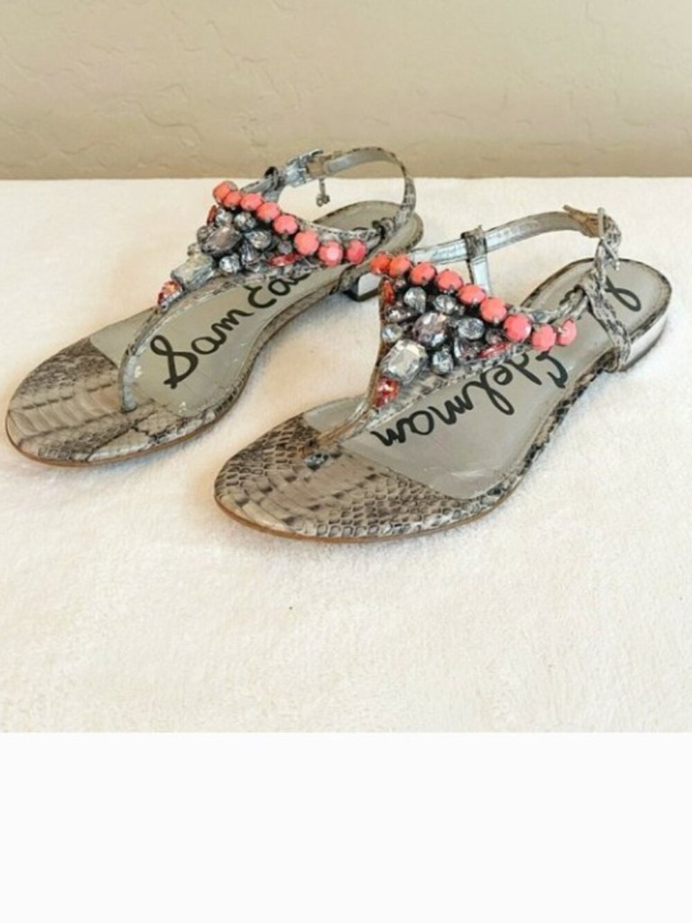 Sam Edelman Sandals 6.5 Dayton Coral Gemstone Crystals Snake Bling Thong Glam